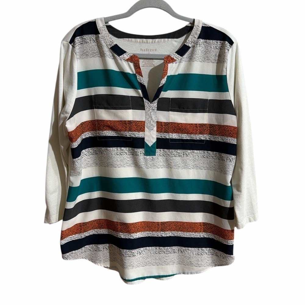 Van Heusen Womens Large Striped Split Neck 3/4 Sleeve Mixed Media Top White Teal
